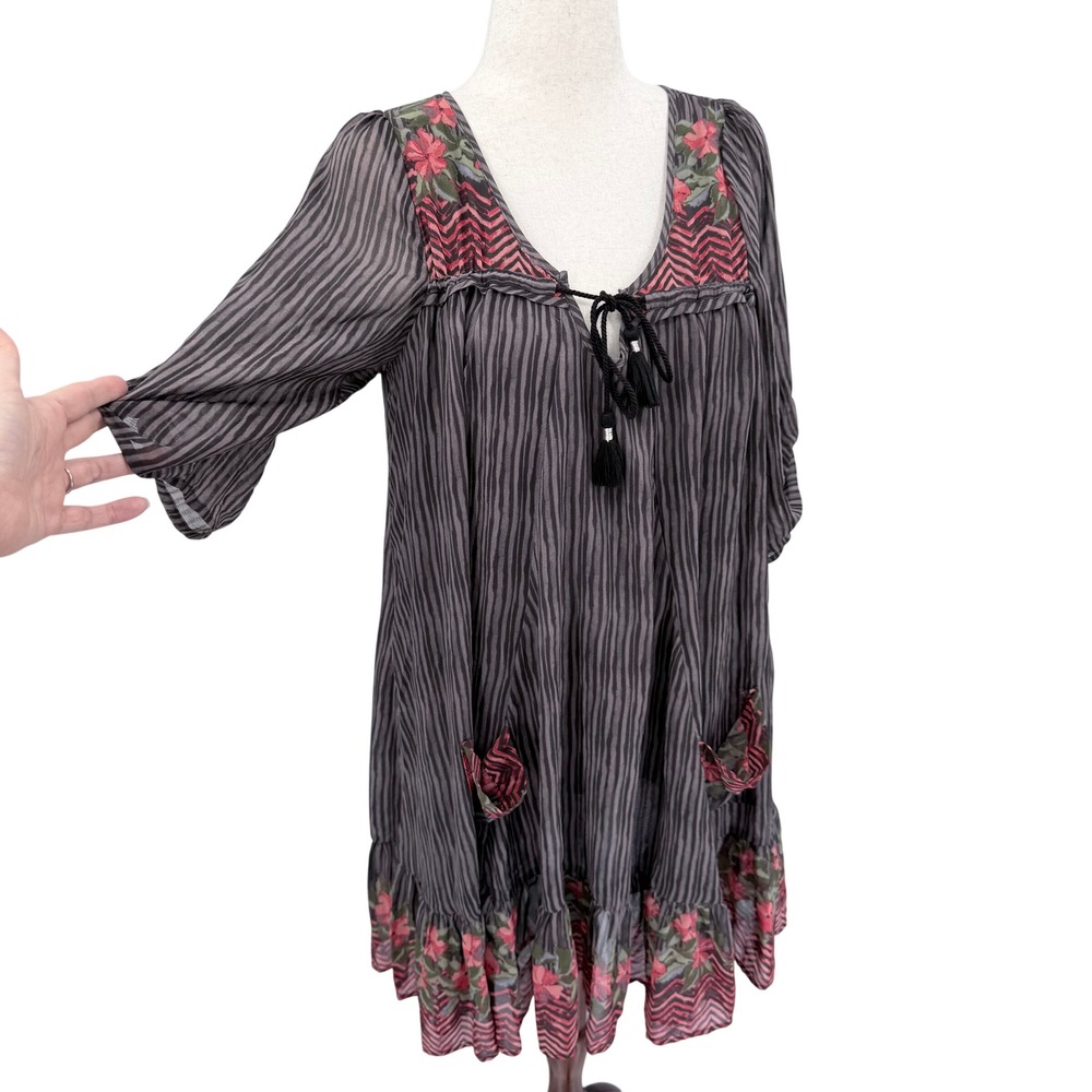 Free People Penny Lane Boho Striped Floral Tassel Tie Mini Dress Charcoal S
